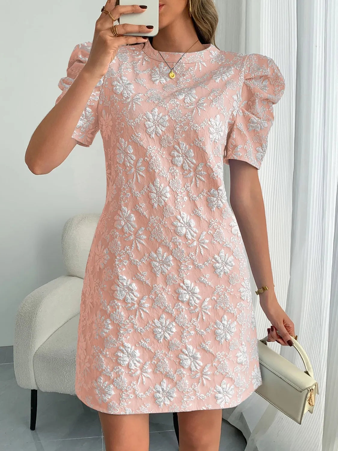 Round Neck Puff Short Sleeve Mini Dress - Tigbul's Variety Fashion Shop