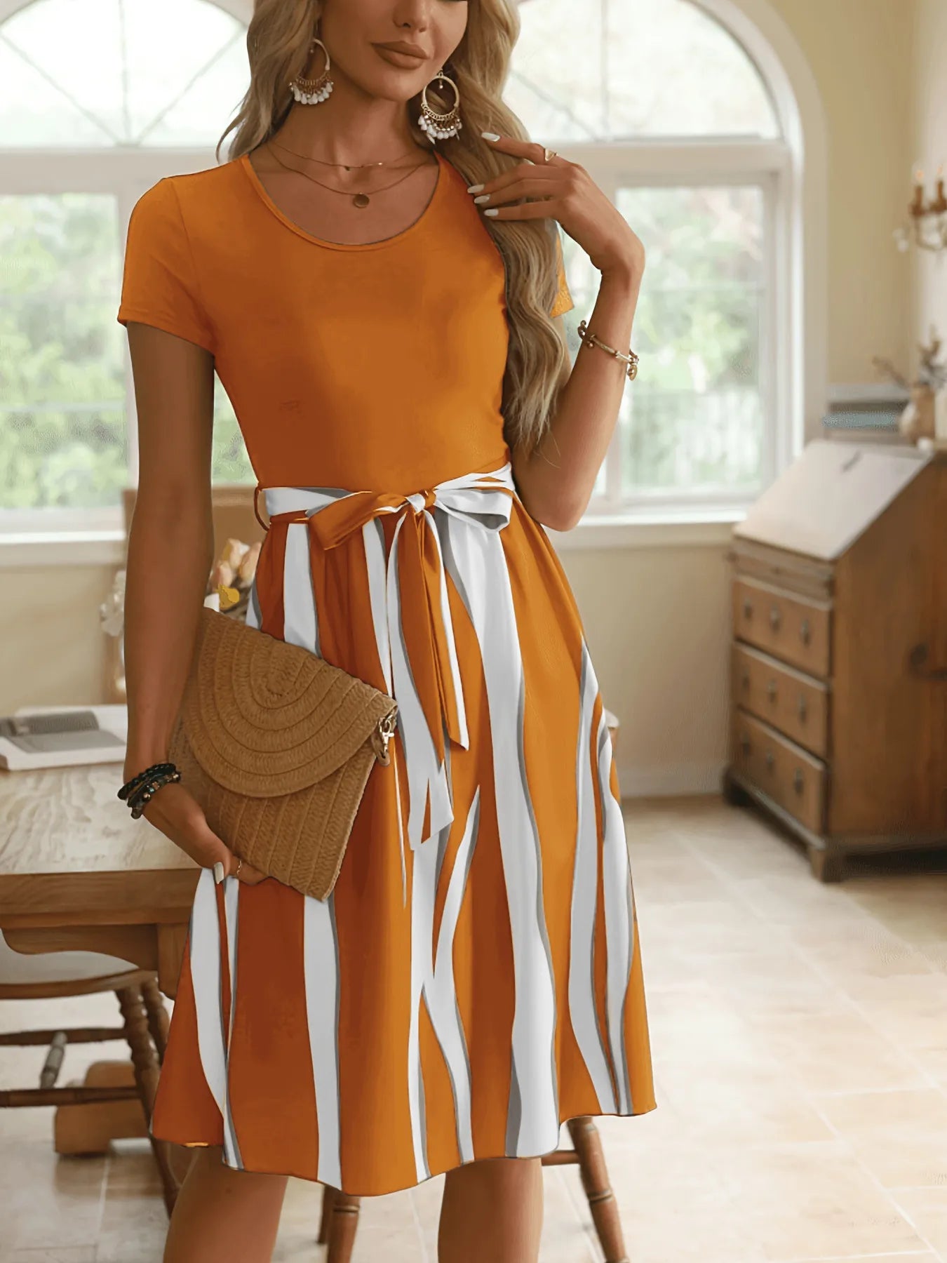 Striped Short Sleeve Tie Waist Dress - Tigbul's Variety Fashion Shop