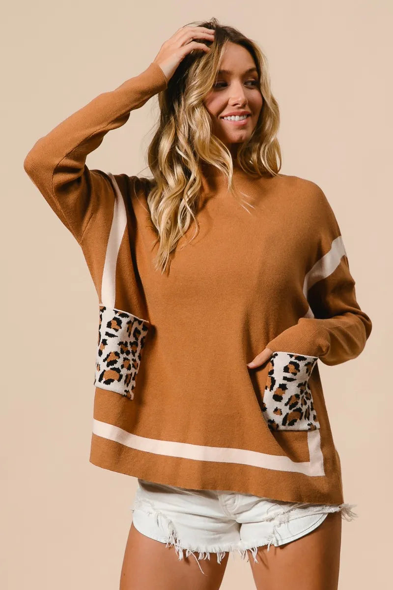 BiBi Mock Neck Sweater with Leopard Pocket - Tigbul's Variety Fashion Shop