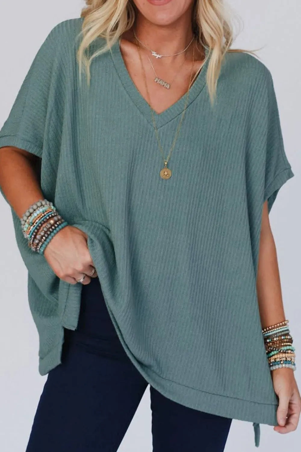 Blue Oversized Ribbed Knit V Neck Dolman Short Sleeve Top - Tigbul's Variety Fashion Shop