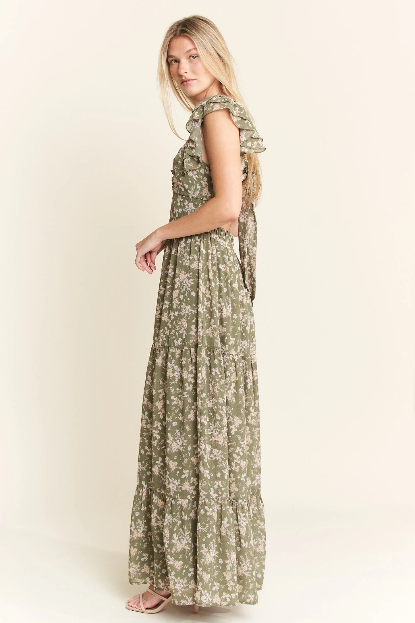 Sage Green Ruffle Sleeve Tiered Maxi Dress - Tigbul's Variety Fashion Shop