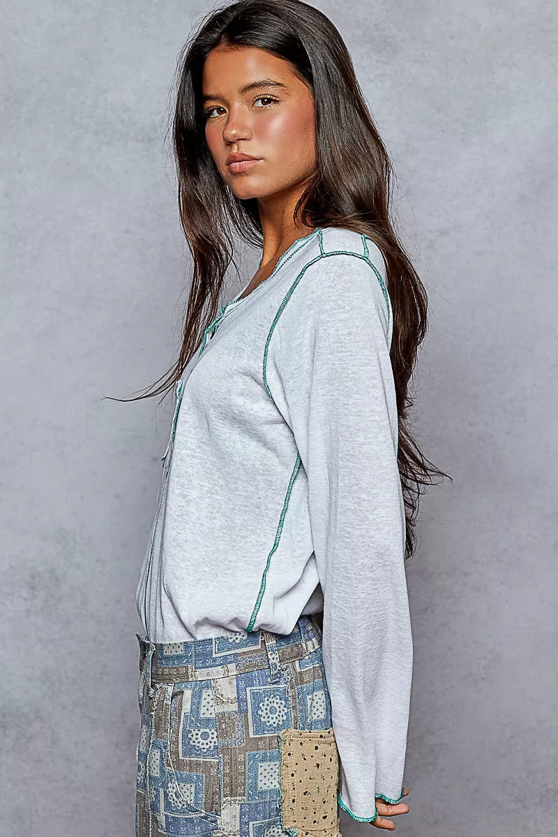 POL Round Neck Long Sleeve Top with Contrast Stitching - Tigbul's Variety Fashion Shop