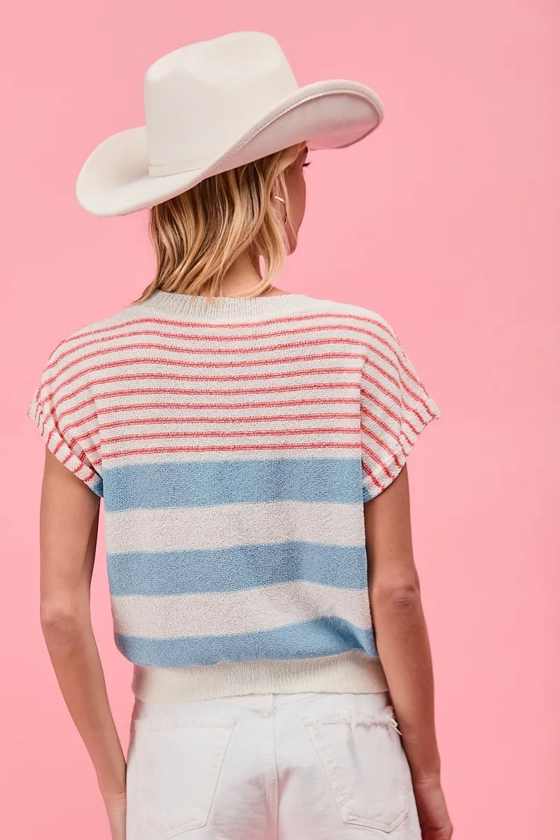BiBi Stripes Lightweight Short Sleeve Sweater - Tigbul's Variety Fashion Shop