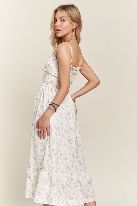 Lavender Smocked Floral Sweetheart Neck Cami Dress - Tigbul's Variety Fashion Shop