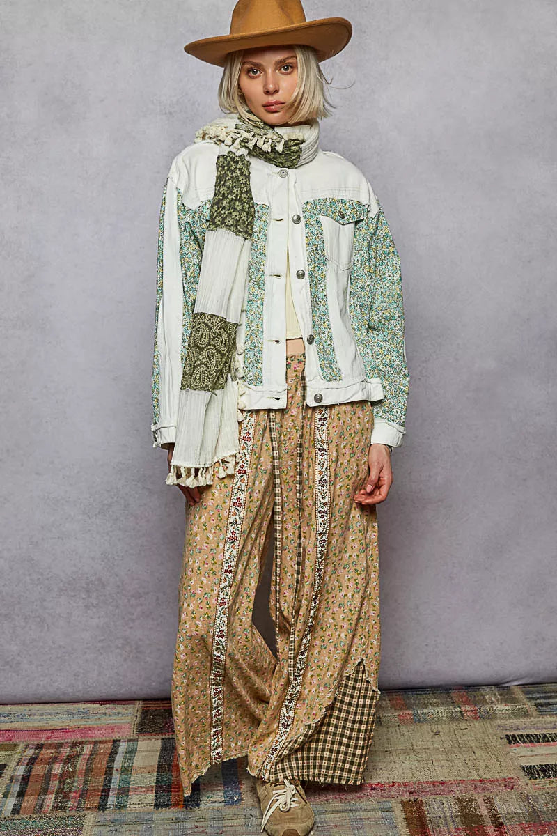 POL Button Down Patchwork Denim Jacket with Floral Print Details - Tigbul's Variety Fashion Shop