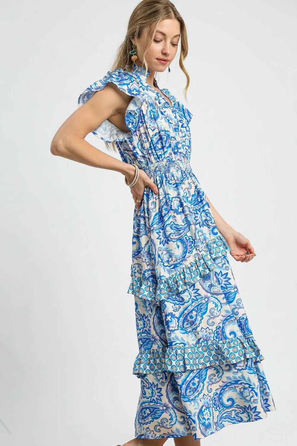 Umgee Paisley Print Ruffle Sleeve Midi Dress - Tigbul's Variety Fashion Shop