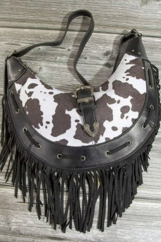 Cow Print Faux Leather Fringe Hobo Bag - Tigbul's Variety Fashion Shop