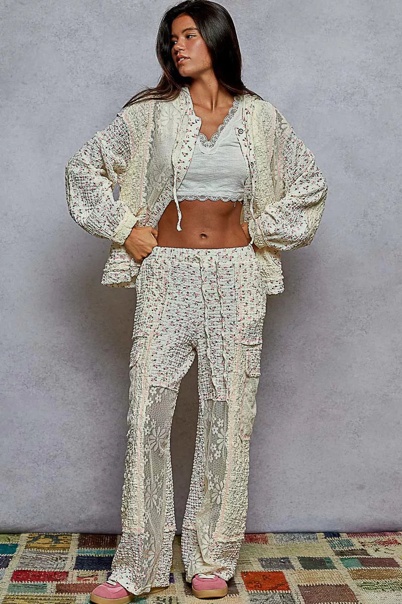 POL Floral Balloon Sleeve Hooded Lace Jacket with Stitch Detail - Tigbul's Variety Fashion Shop