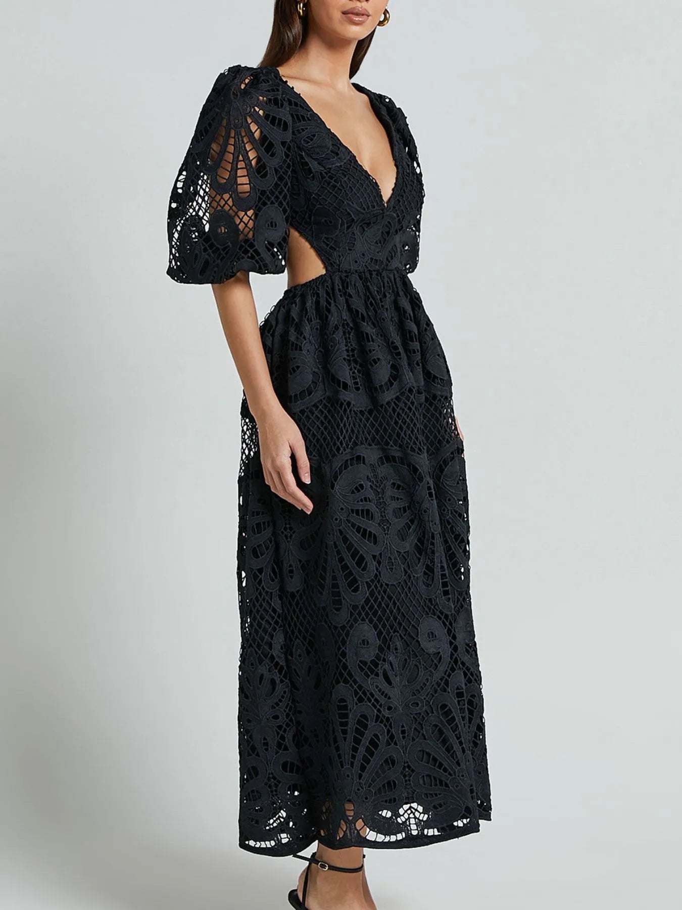 Cutout Back Lace Crochet V-Neck Dress - Tigbul's Variety Fashion Shop