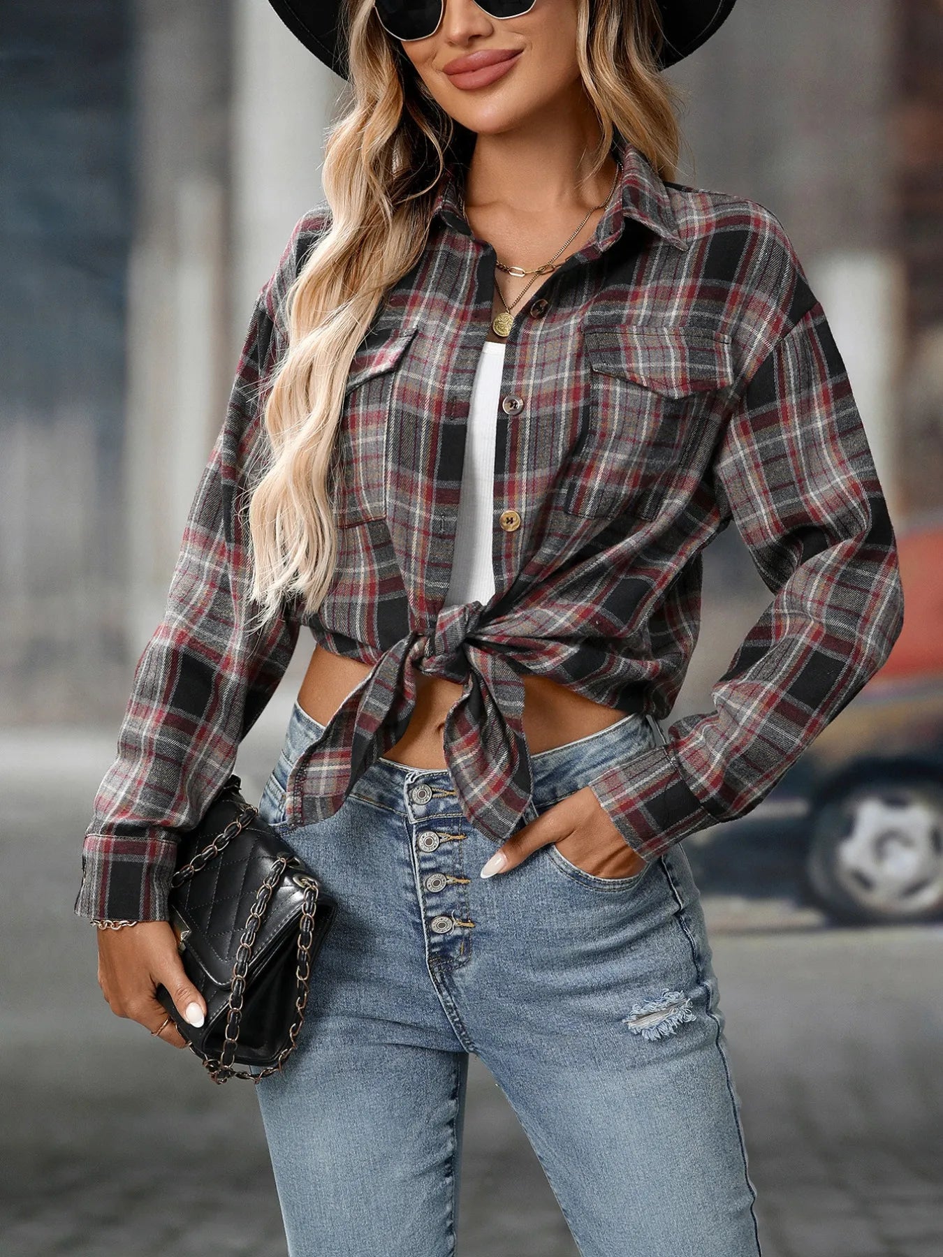 Oversized Plaid Button-Up Shirt - Tigbul's Variety Fashion Shop