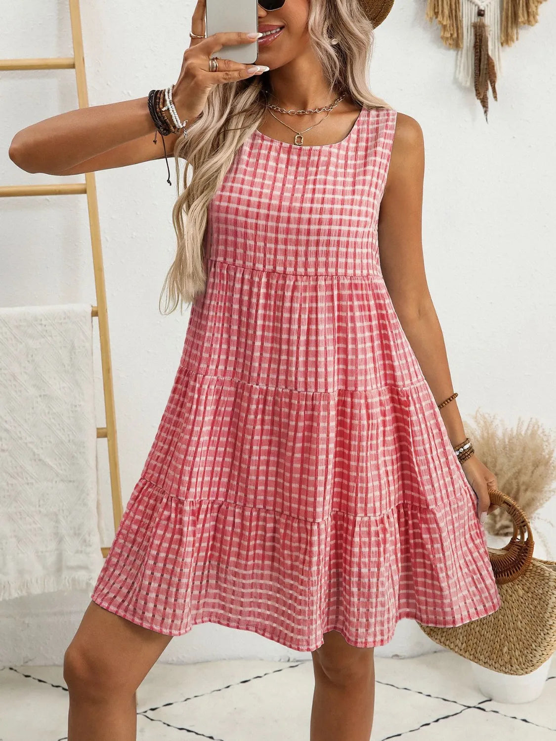Plaid Round Neck Sleeveless Mini Dress - Tigbul's Variety Fashion Shop