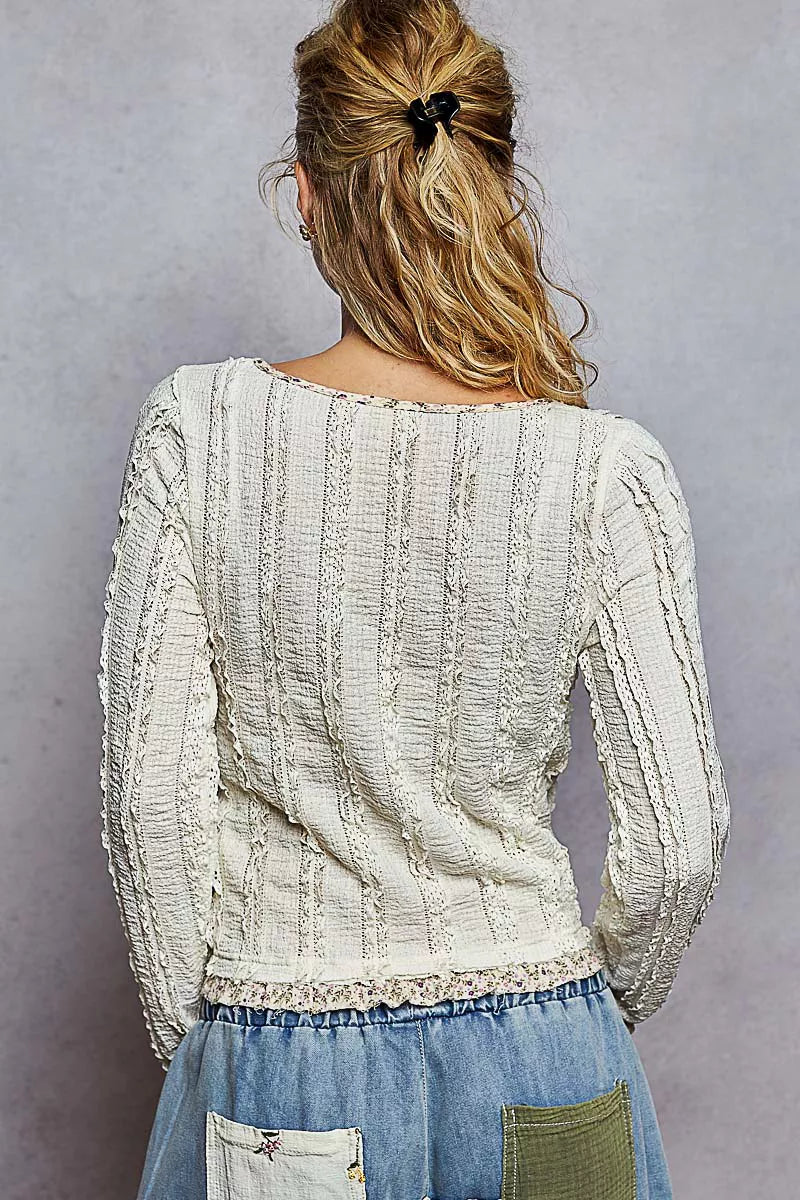 POL Texture Long Sleeve Blouse with Floral Ruffled - Tigbul's Variety Fashion Shop