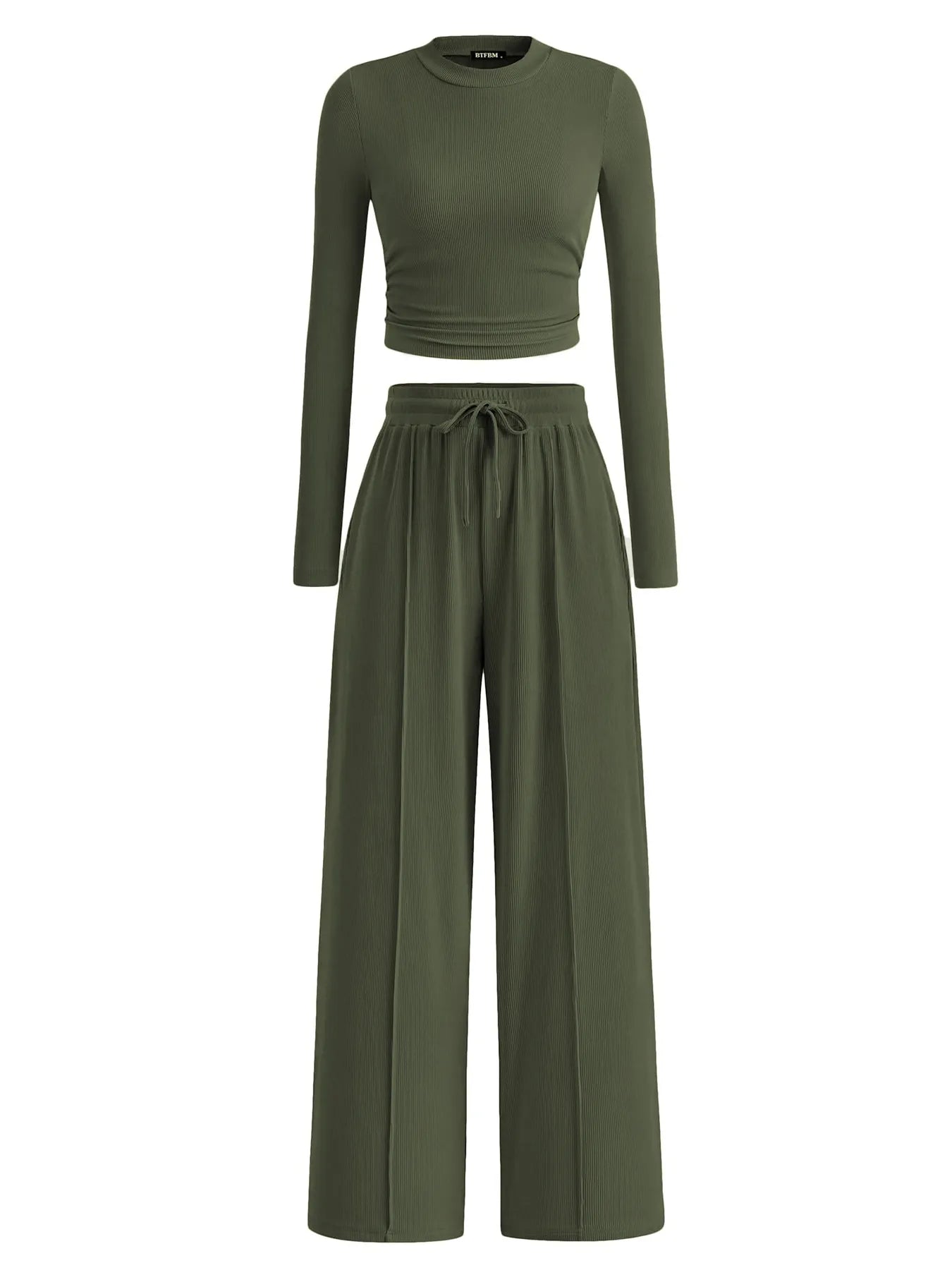 Round Neck Long Sleeve Top and Pants Set - Tigbul's Variety Fashion Shop