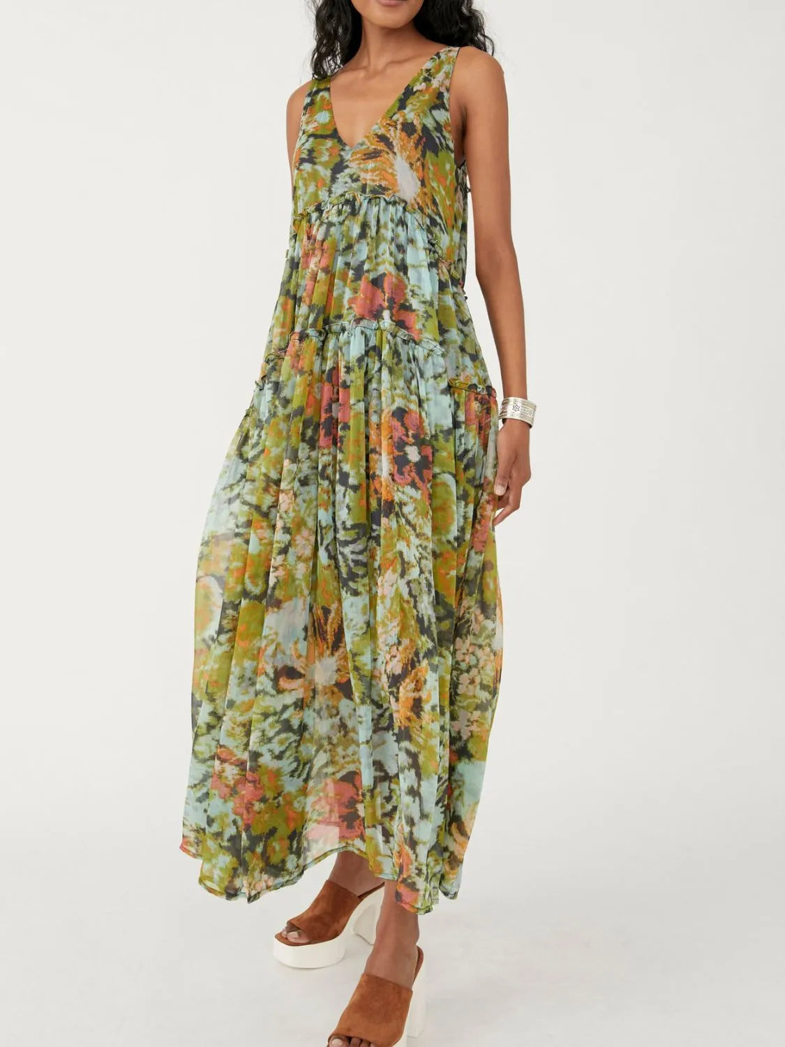 Printed V-Neck Sleeveless Dress - Tigbul's Variety Fashion Shop