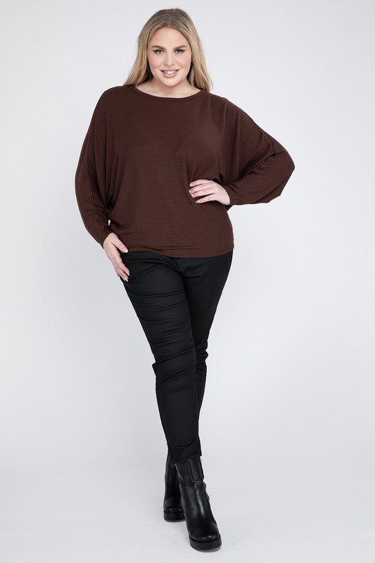Plus Ribbed Batwing Long Sleeve Boat Neck Sweater - Tigbul's Variety Fashion Shop