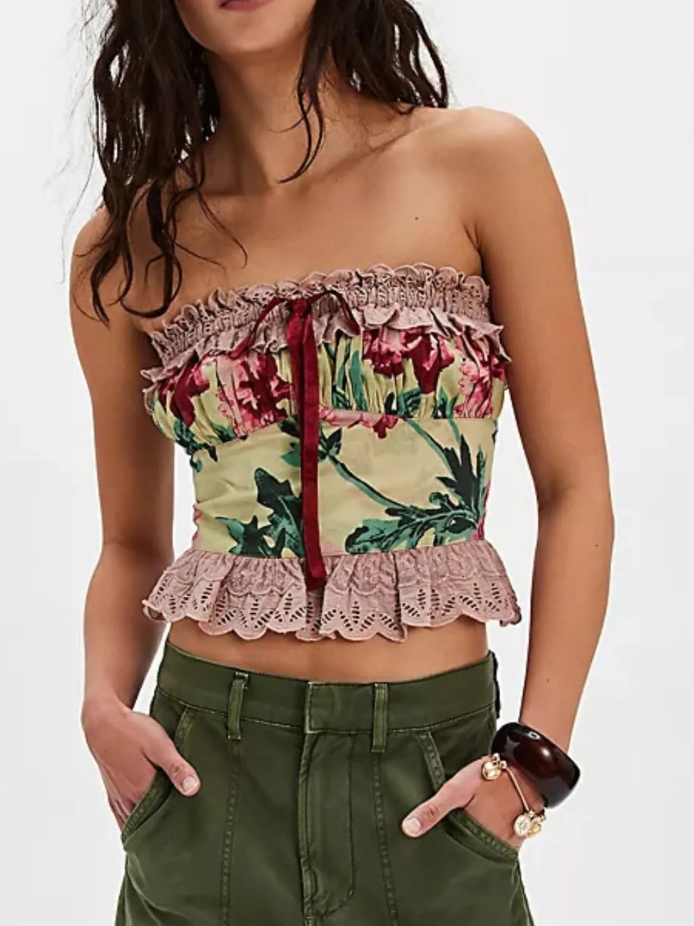 Floral Print Lace Trim Tube Top - Tigbul's Variety Fashion Shop