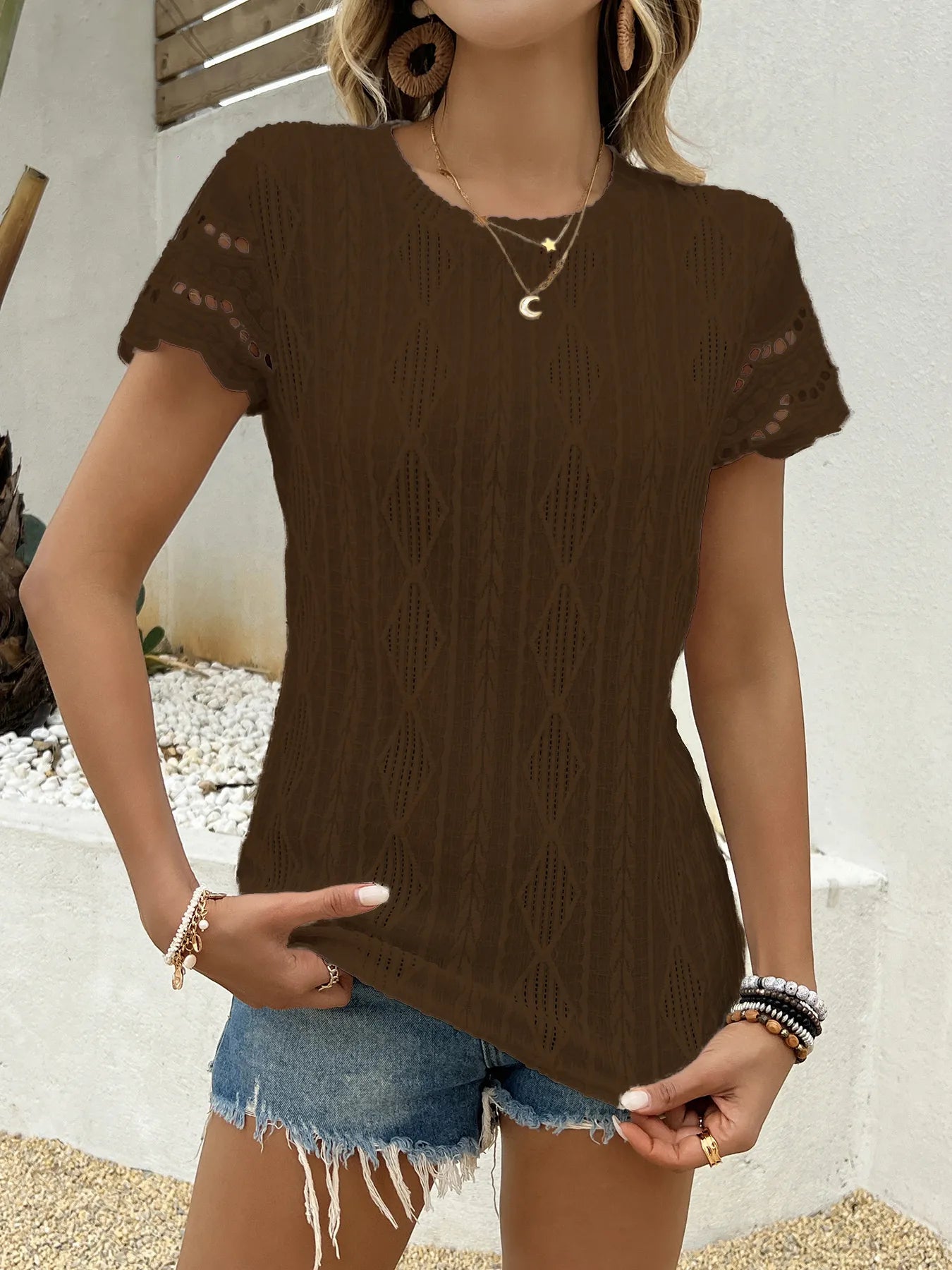 Crochet Lace Short Sleeve T-Shirt - Tigbul's Variety Fashion Shop