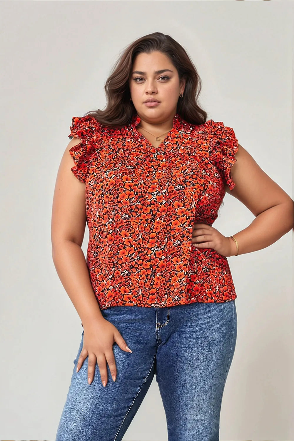 Double Take Floral Flutter Sleeve Notched Neck Blouse - Tigbul's Variety Fashion Shop