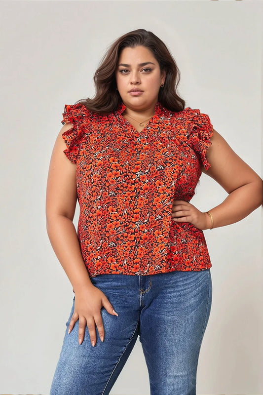 Double Take Floral Flutter Sleeve Notched Neck Blouse - Tigbul's Variety Fashion Shop