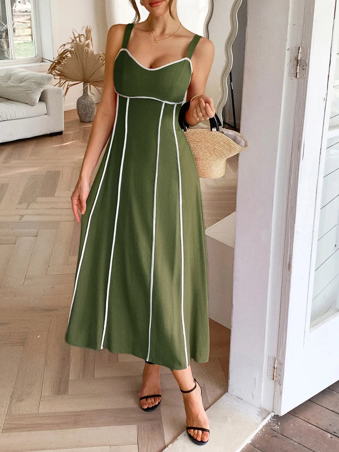 Contrast Wide Strap Midi Cami Dress - Tigbul's Variety Fashion Shop