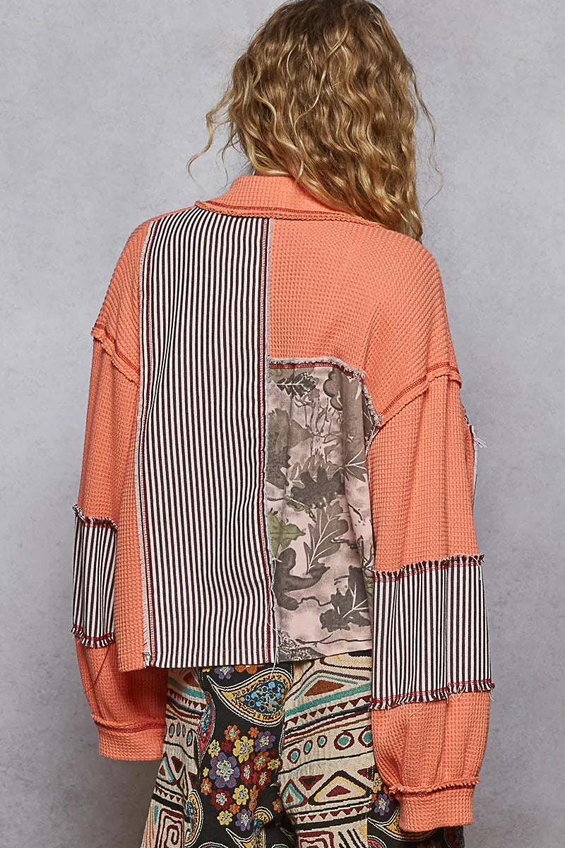 POL Button Down Patchwork Multi-Pattern Jacket - Tigbul's Variety Fashion Shop