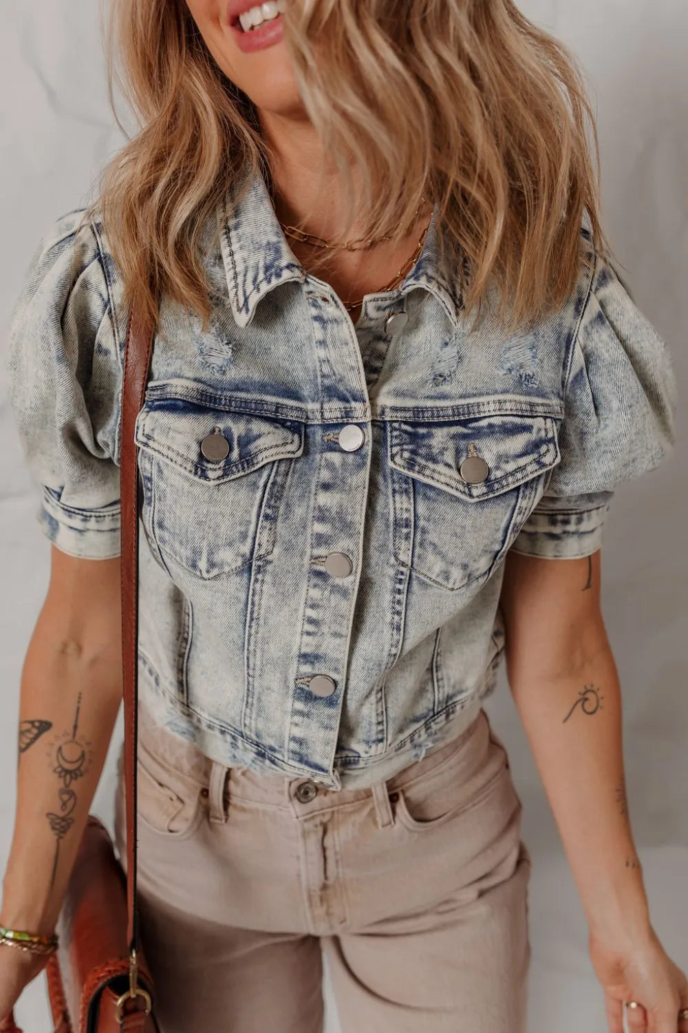 Wash Buttoned Chest Pocket Puff Sleeve Denim Jacket - Tigbul's Variety Fashion Shop