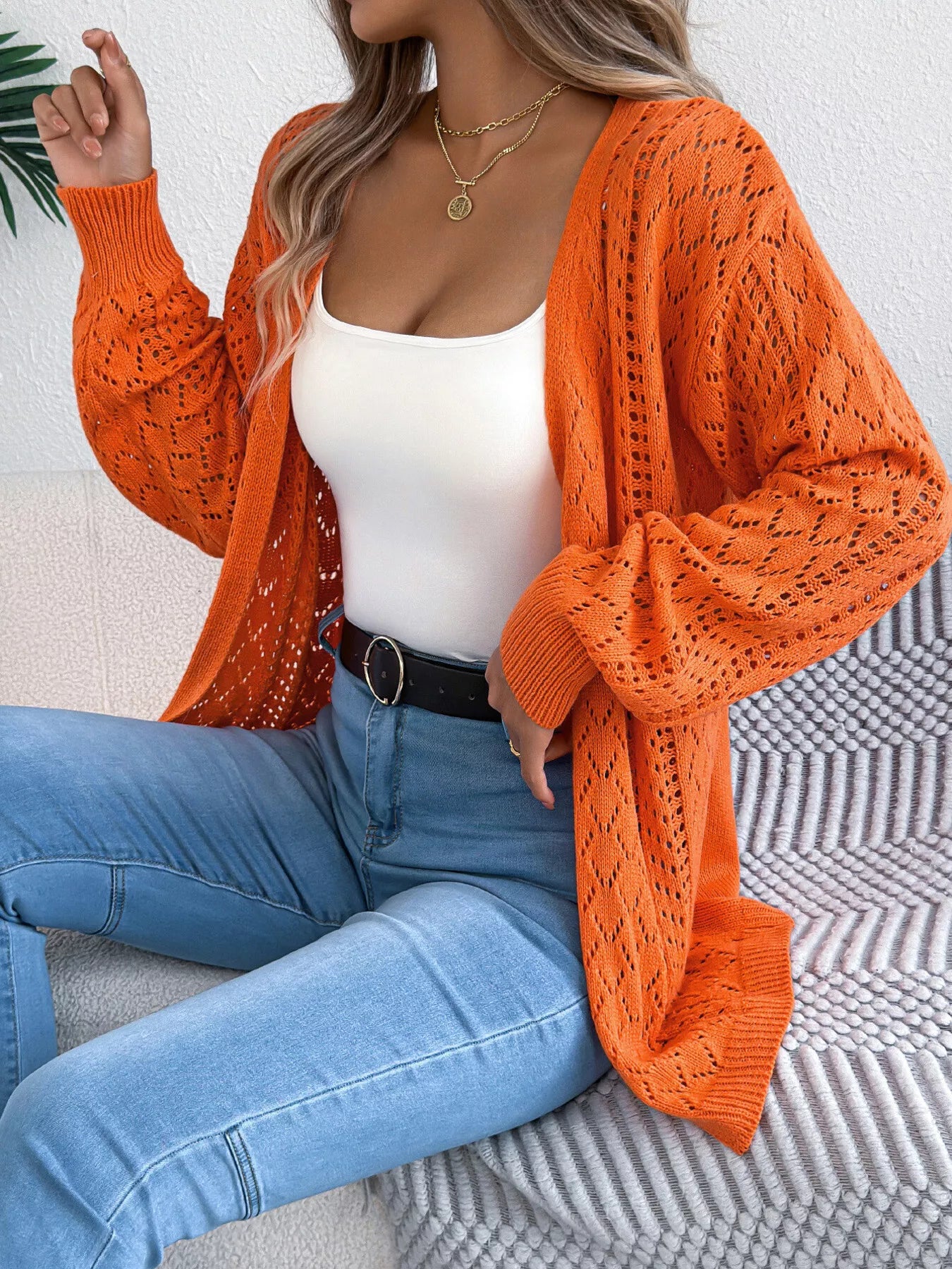 Openwork Open-Front Long Sleeve Cardigan - Tigbul's Variety Fashion Shop