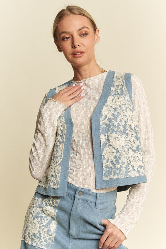 Light Blue Lace Patch Open Front Denim Vest - Tigbul's Variety Fashion Shop