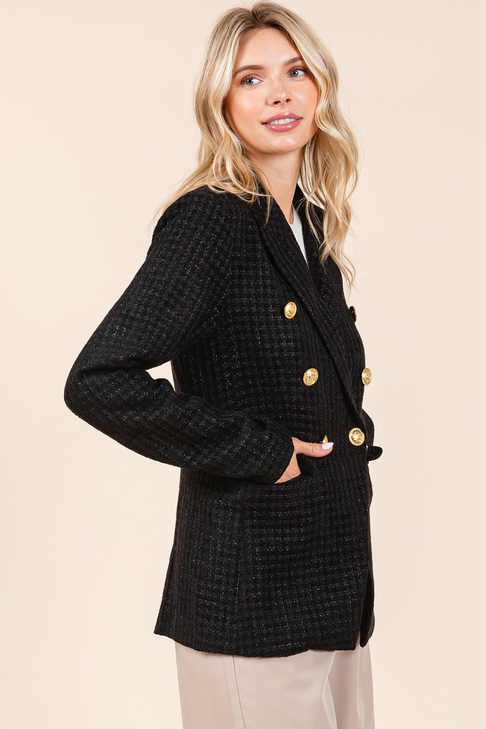 Mittoshop Plaid Texture Double-Breasted Long Sleeve Blazer - Tigbul's Variety Fashion Shop