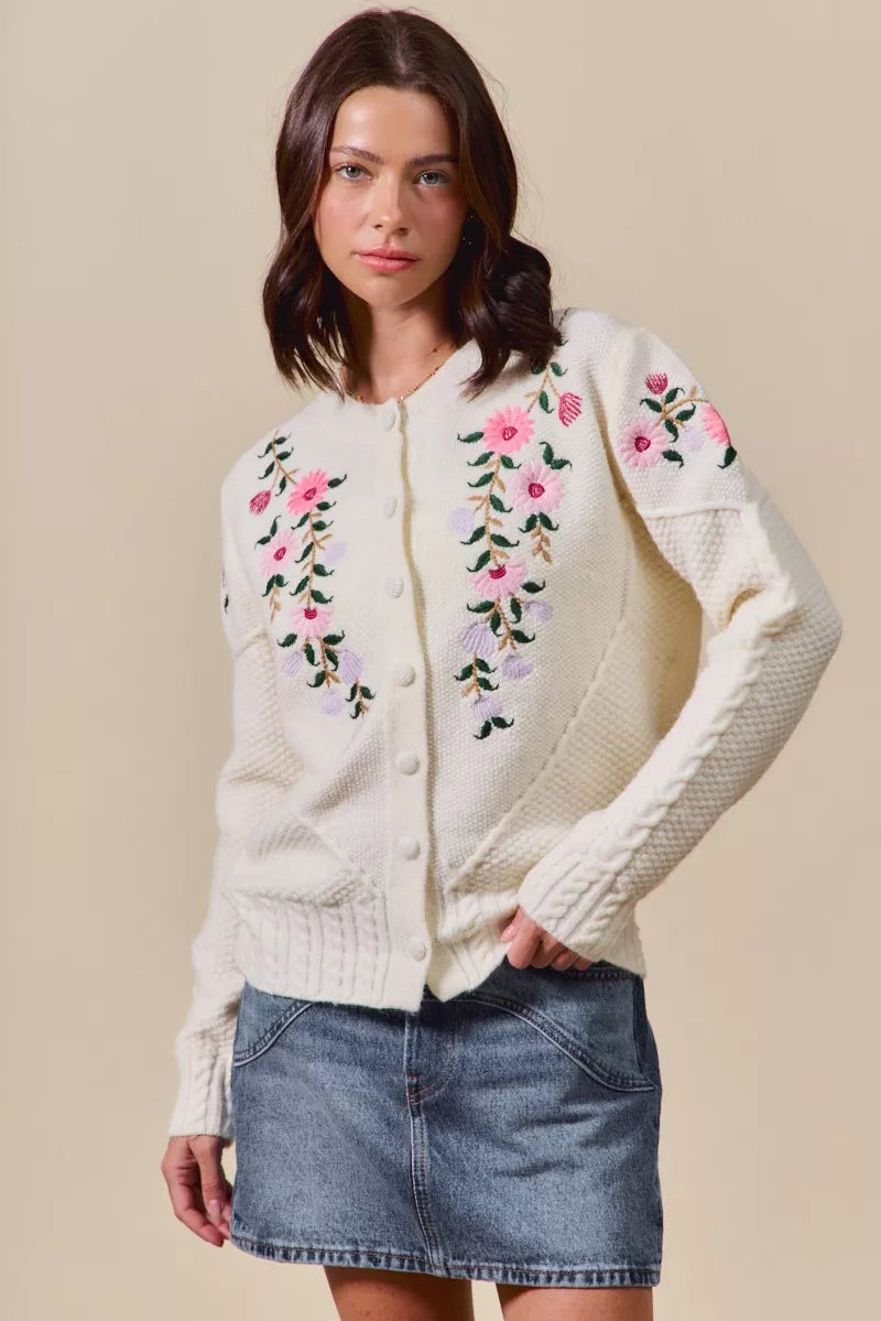 SO ME Floral Embroidered Coquette Sweater Cardigan - Tigbul's Variety Fashion Shop