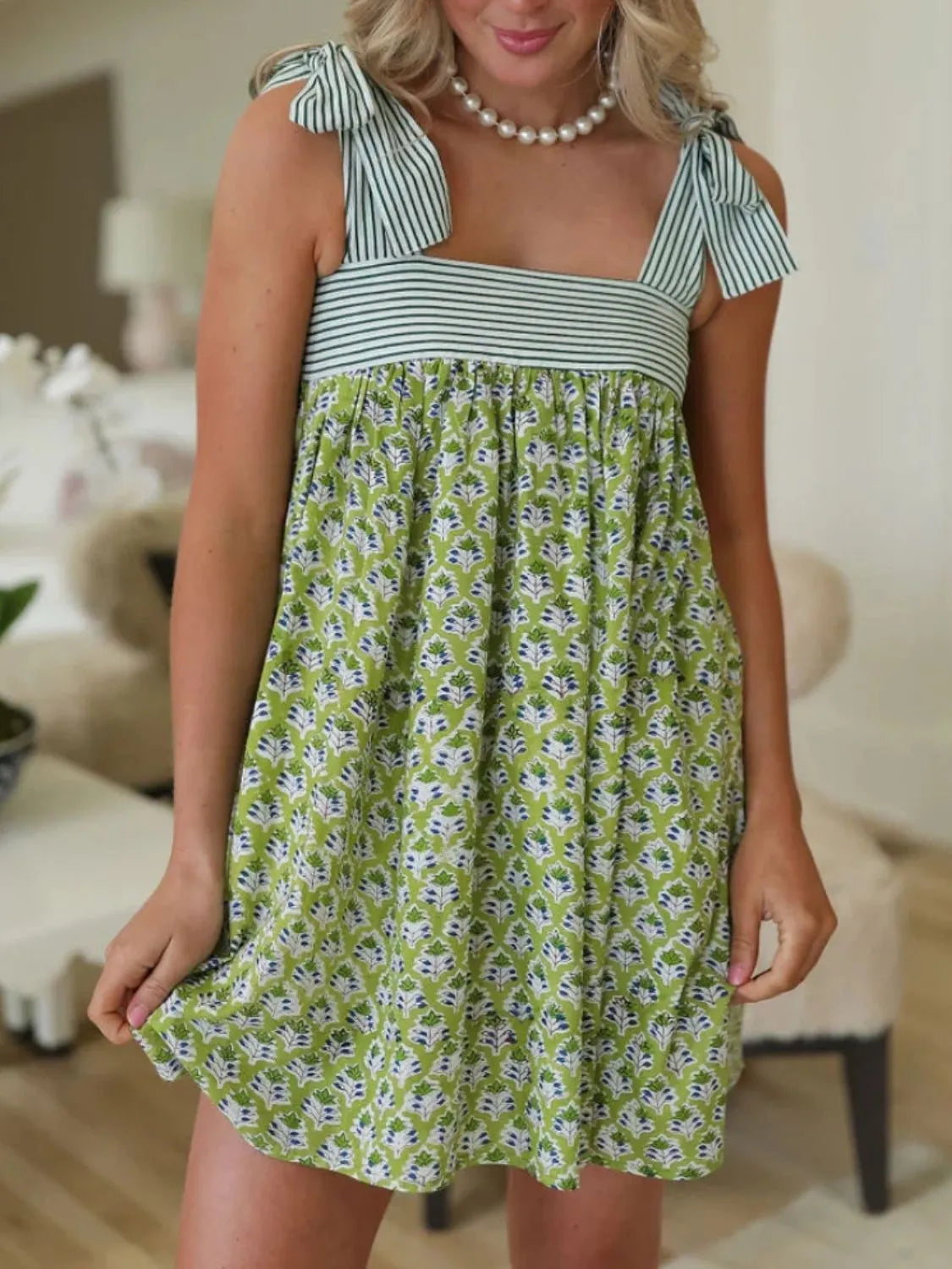 Printed Square Neck Tie Shoulder Mini Dress - Tigbul's Variety Fashion Shop