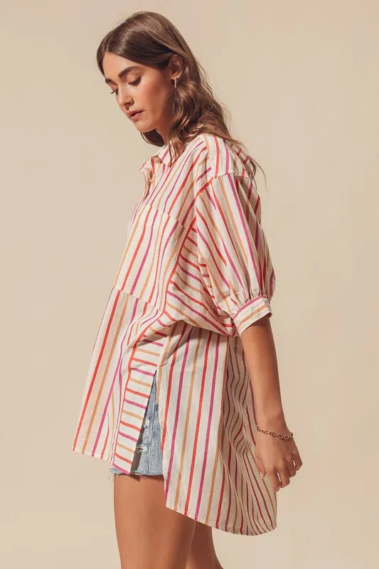 Pink Multicolored Stripe Button Down Shirt - Tigbul's Variety Fashion Shop