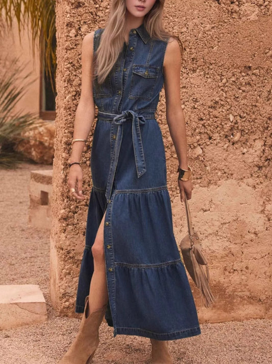 Button Front Sleeveless Denim Dress - Tigbul's Variety Fashion Shop