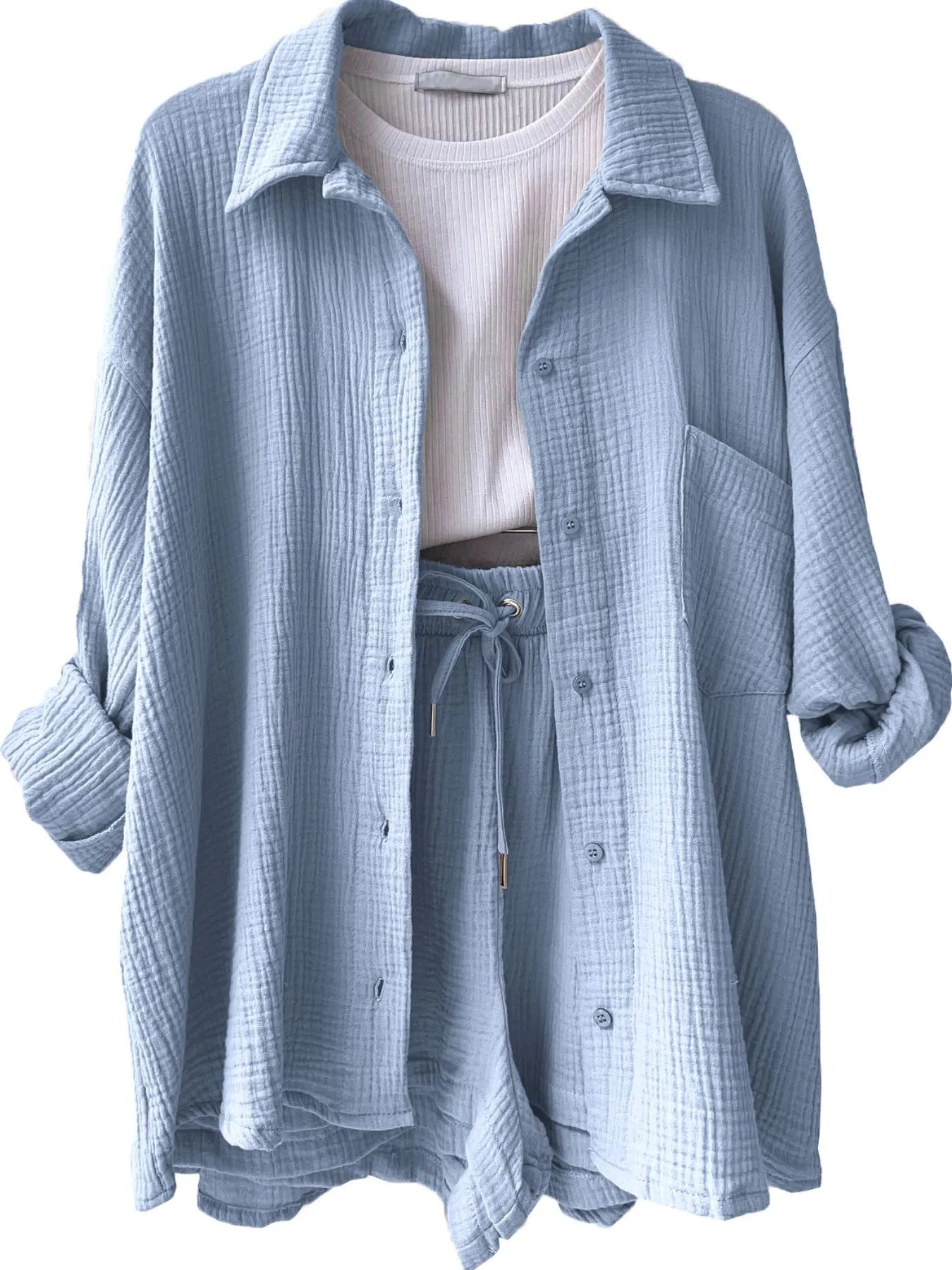 Textured Button Up Shirt and Shorts Set - Tigbul's Variety Fashion Shop