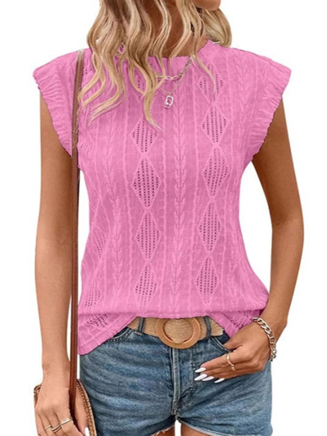 Openwork Round Neck Top - Tigbul's Variety Fashion Shop