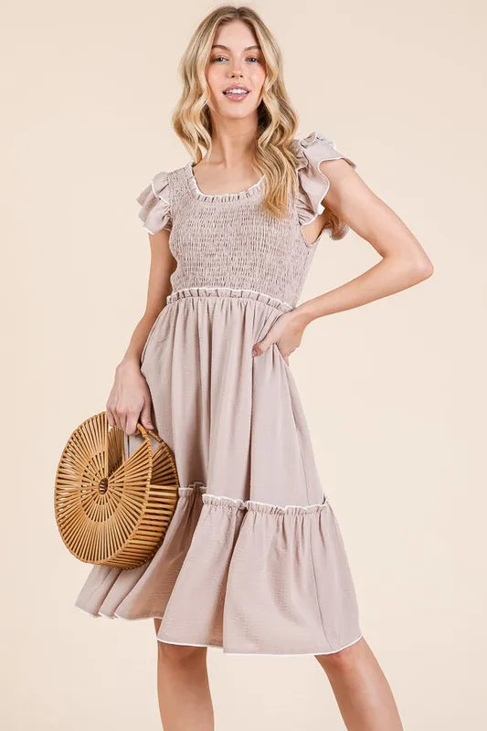 Taupe Color Ruffle Trim Smocked Dress - Tigbul's Variety Fashion Shop
