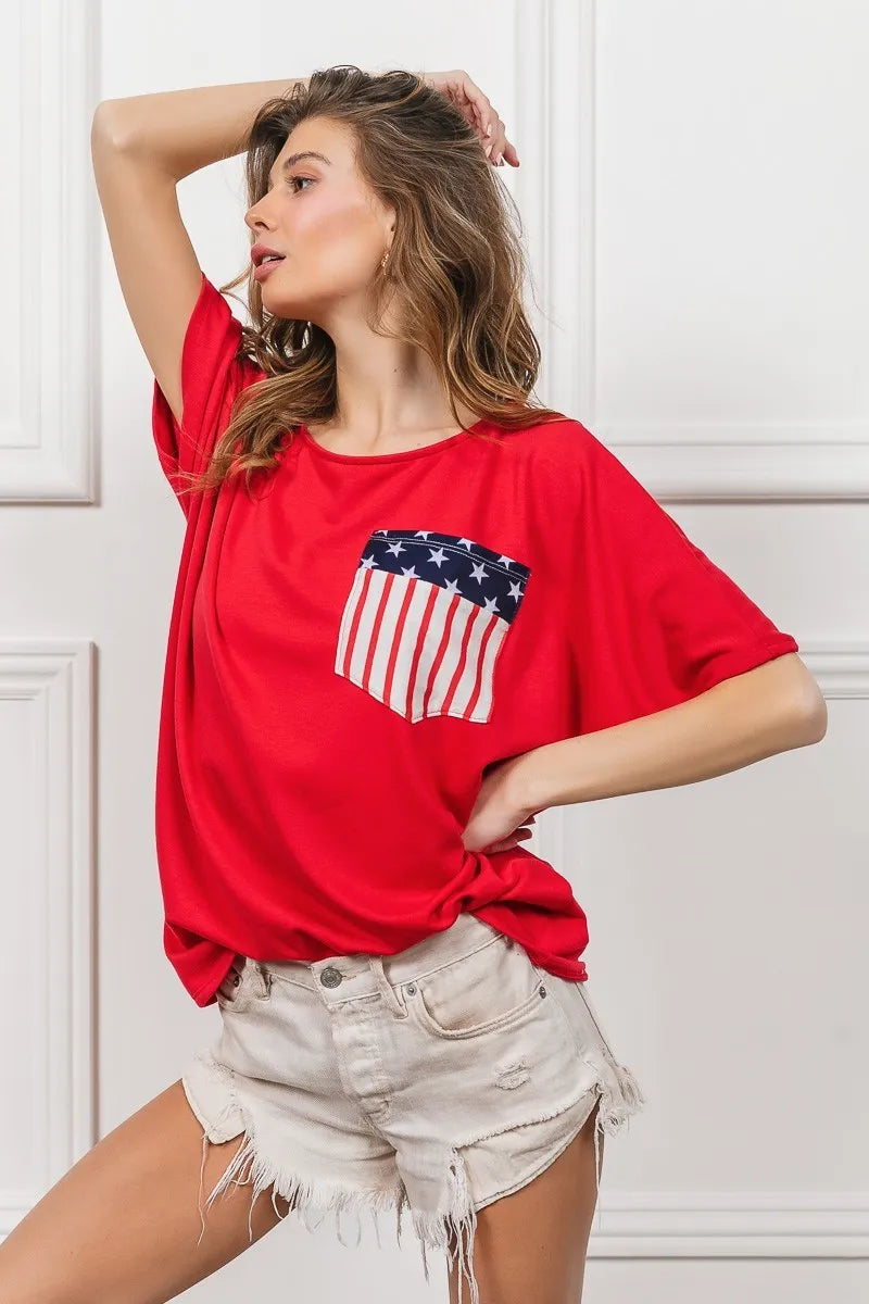 Red French Terry With Front Pocket Dolman Sleeves Top - Tigbul's Variety Fashion Shop