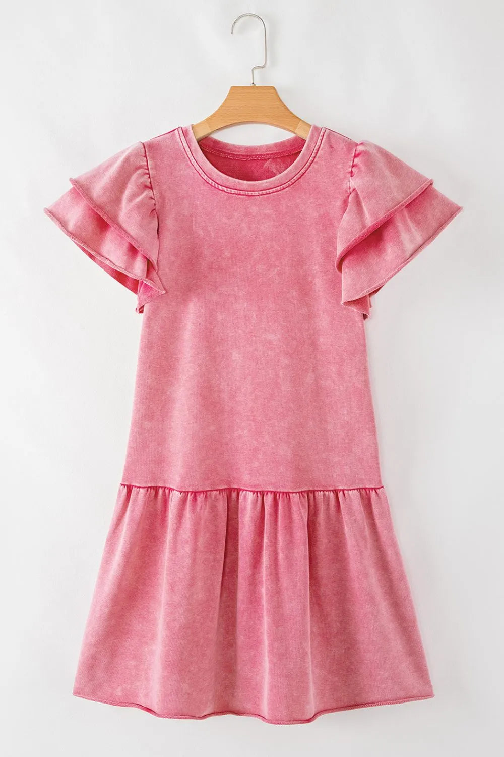 Pink Mineral Wash Raw Edge Ruffle Mini Dress - Tigbul's Variety Fashion Shop