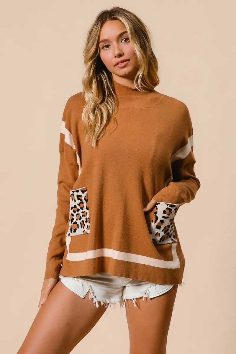 BiBi Mock Neck Sweater with Leopard Pocket - Tigbul's Variety Fashion Shop