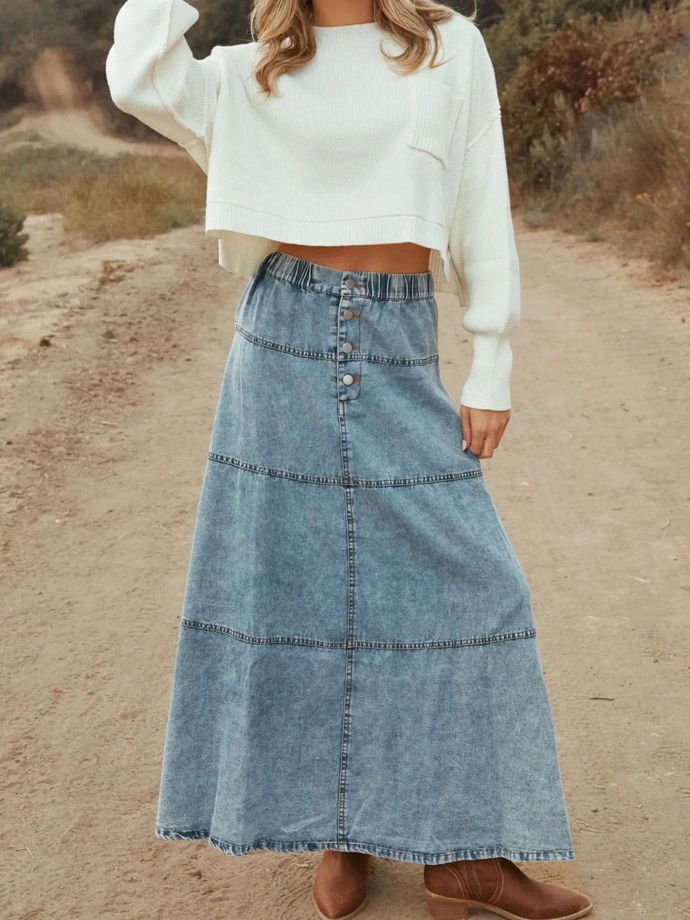 Button-Front Tiered Maxi Denim Skirt - Tigbul's Variety Fashion Shop