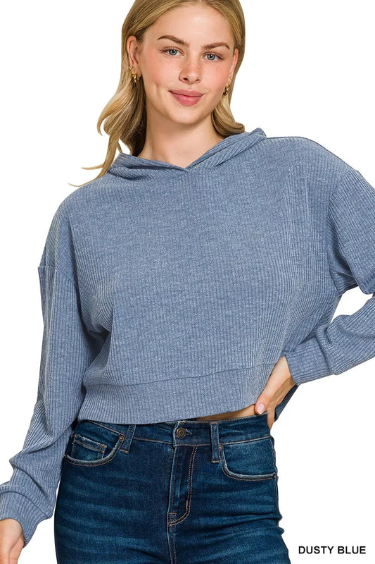 Zenana Drop Shoulder Ribbed Crop Hoodie - Tigbul's Variety Fashion Shop