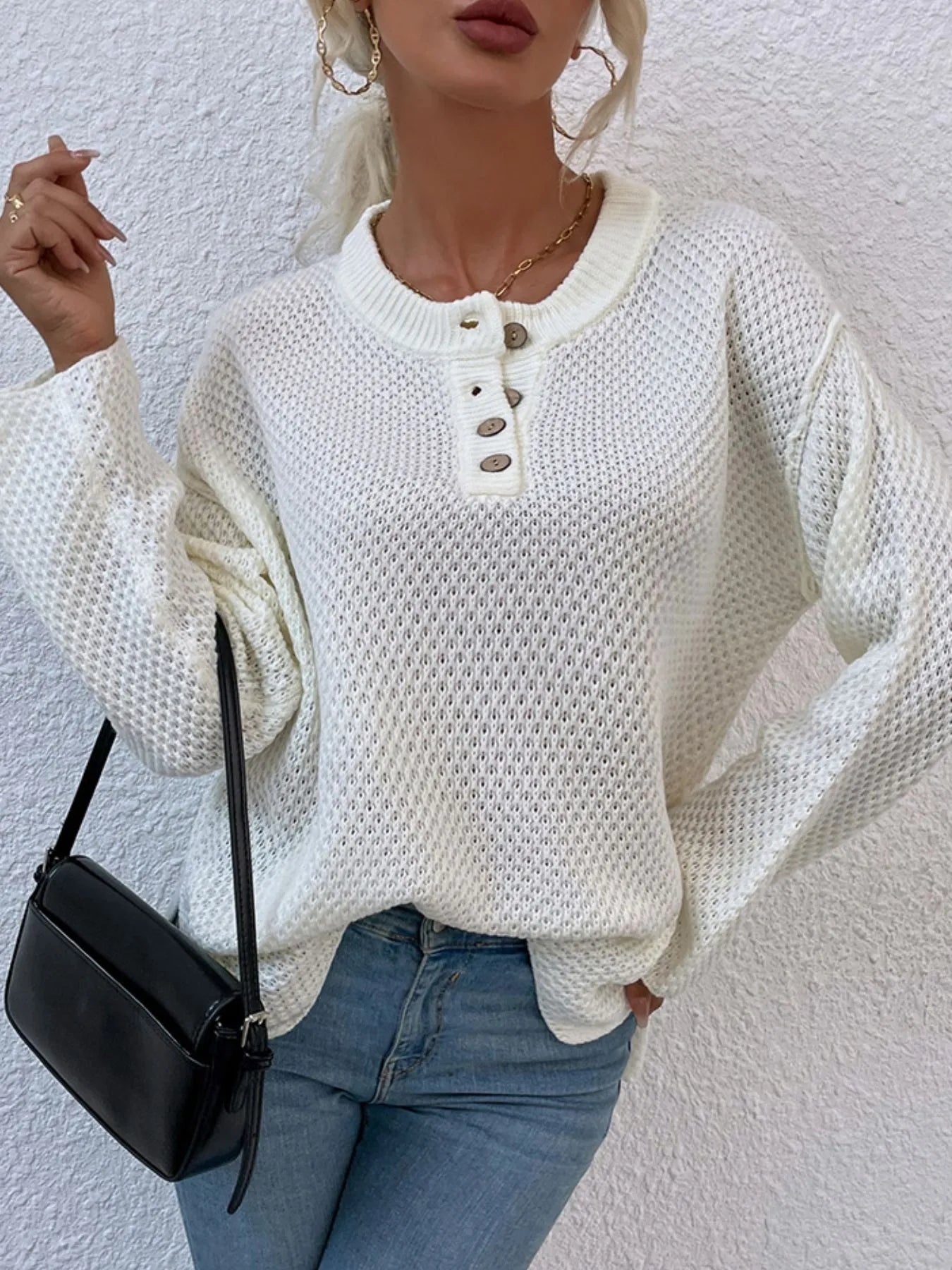 Button Detail Long Sleeve Knit Top - Tigbul's Variety Fashion Shop