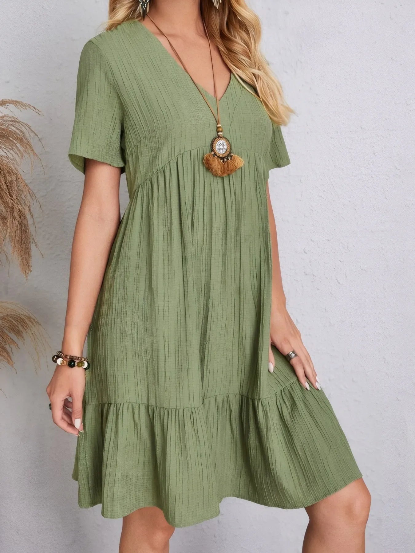 V-Neck Tiered Dress with Flutter Sleeves - Tigbul's Variety Fashion Shop