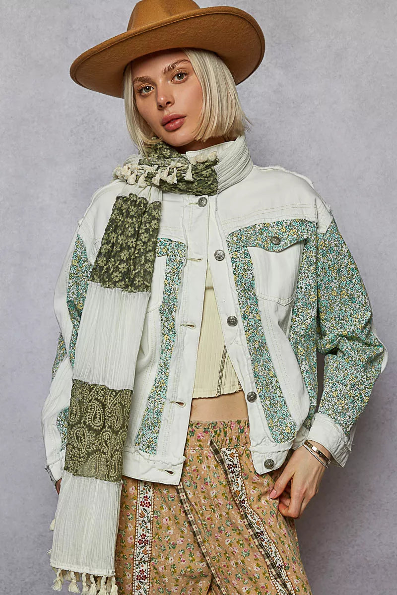 POL Button Down Patchwork Denim Jacket with Floral Print Details - Tigbul's Variety Fashion Shop