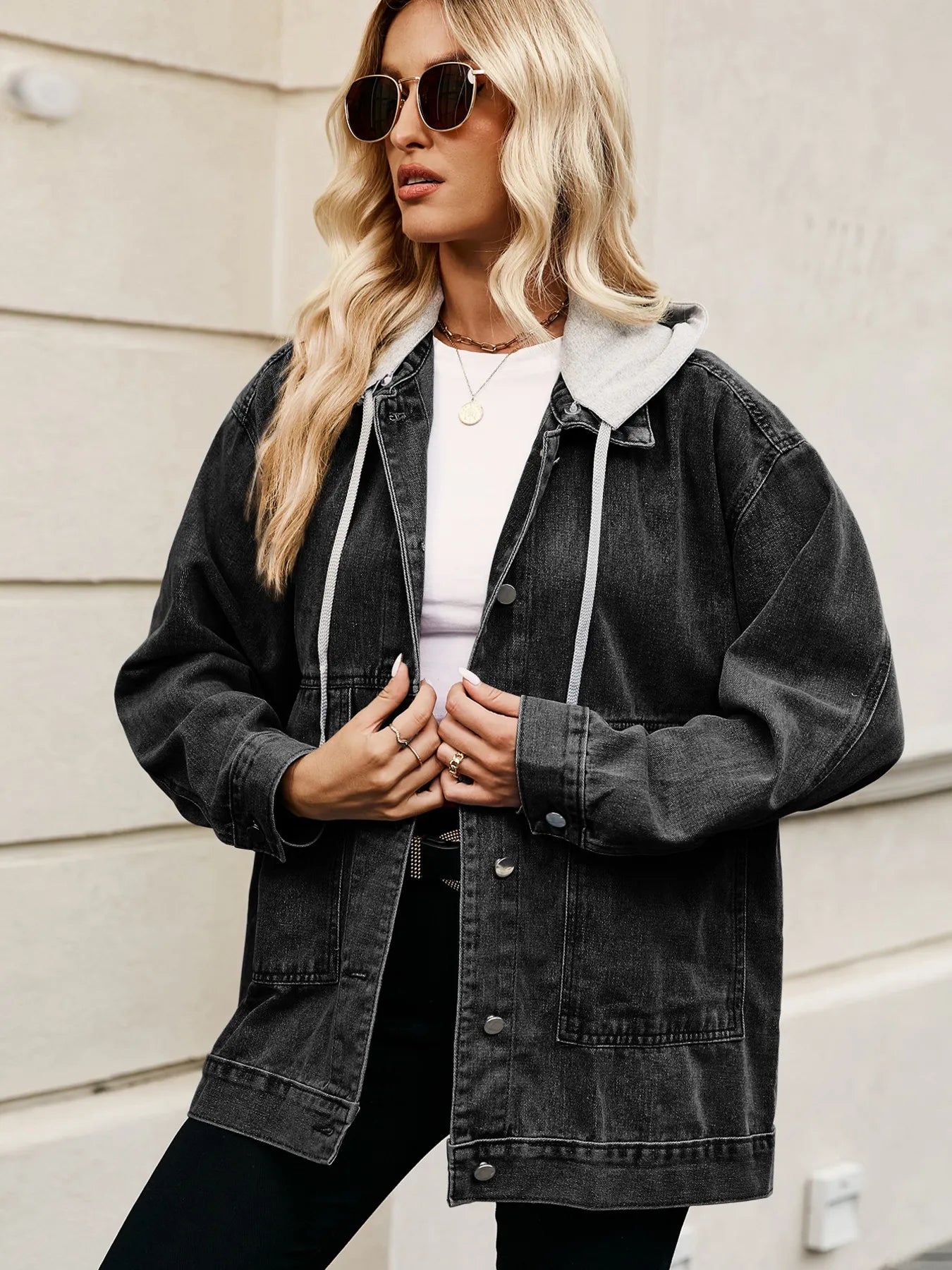 Oversized Button Up Denim Jacket with Hood - Tigbul's Variety Fashion Shop
