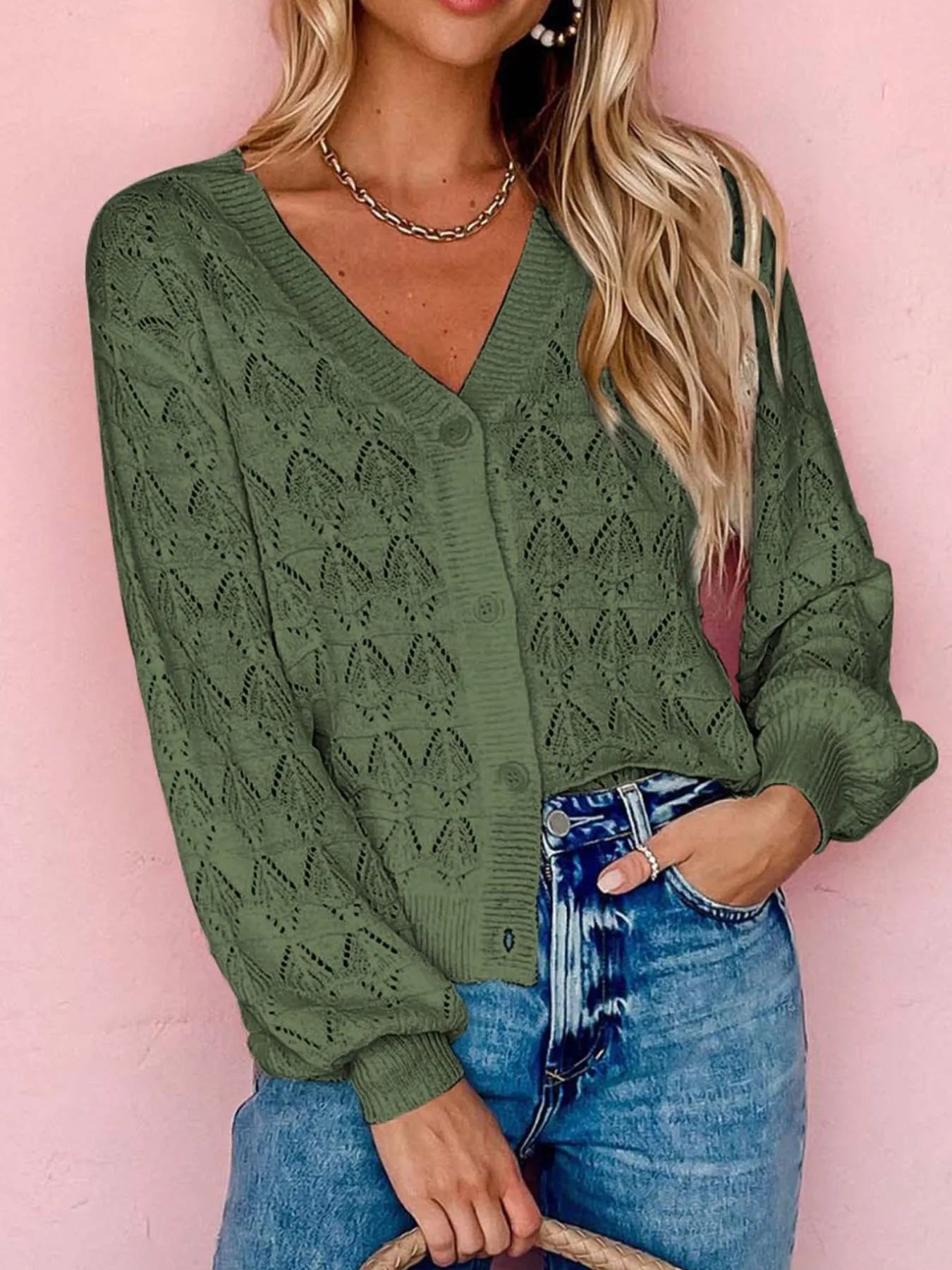 Openwork Button Up Cardigan - Tigbul's Variety Fashion Shop