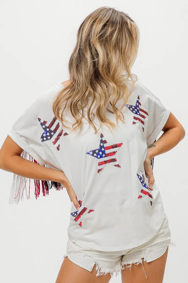 American Flag Sequin Star Fringe Top - Tigbul's Variety Fashion Shop