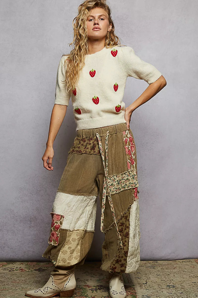 POL Round Neck Strawberry Patch Sweater with Shirring Shoulder - Tigbul's Variety Fashion Shop