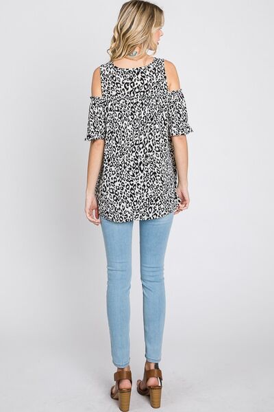 Ivory/Black Leopard Round Neck Cold Shoulder T-Shirt Plus Size - Tigbul's Variety Fashion Shop
