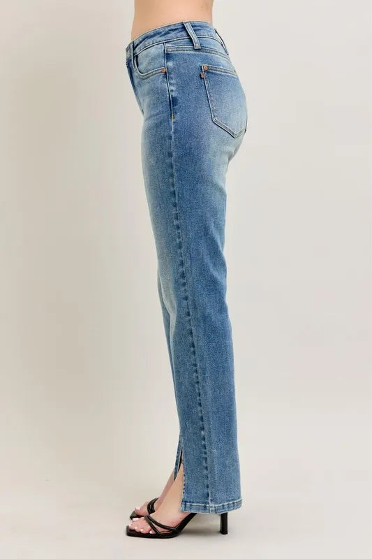 Judy Blue Full Size High Waist Vintage Wash Front Seam & Slit Straight Plus Size - Tigbul's Variety Fashion Shop